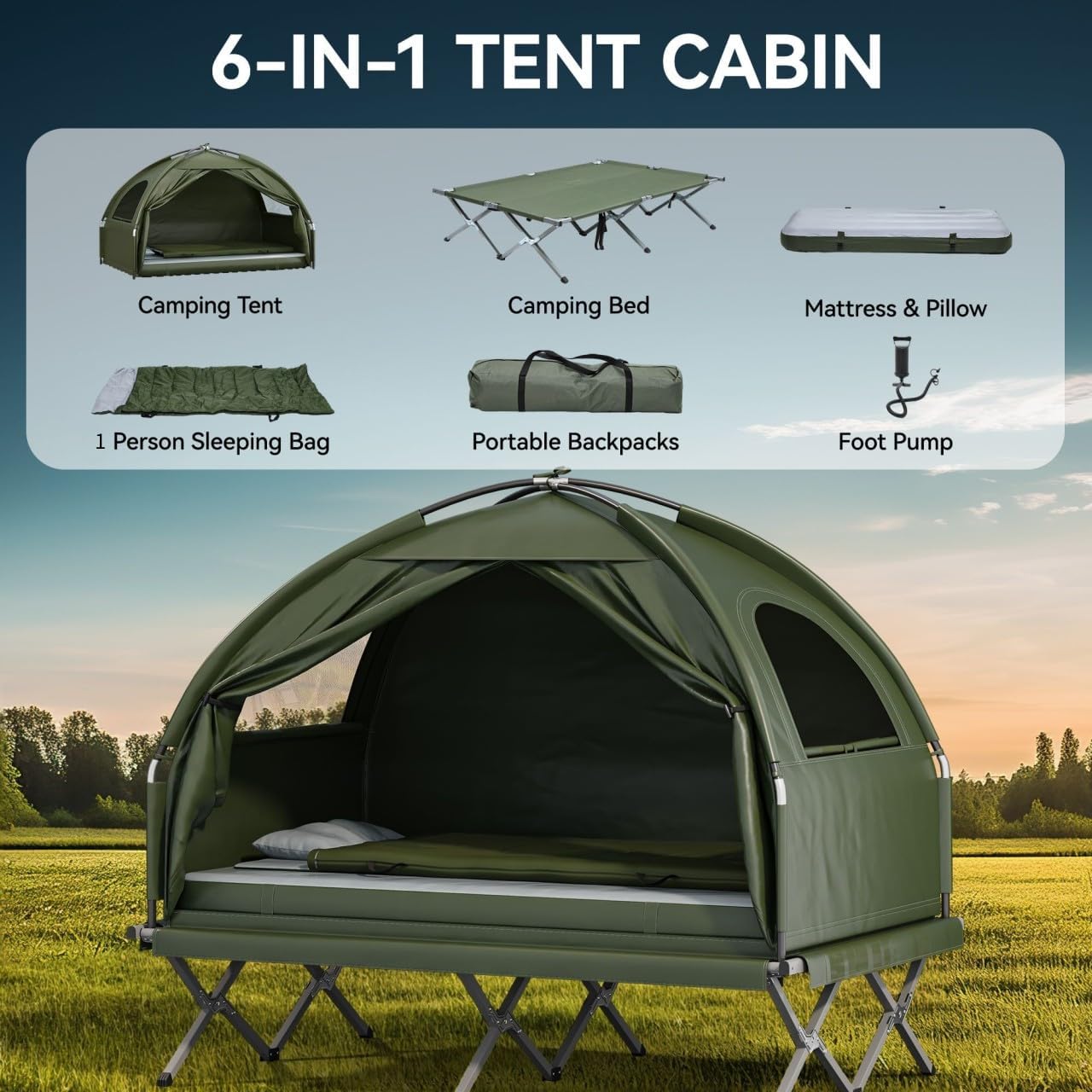 YITAHOME 2 Person Foldable Camping Cot, 6-in-1 Elevated Camping Bed Tent, with Tents, Camping Beds, Air Mattresses, Bedspreads, Foot Pumps, Portable Backpacks, 1 Person Sleeping Bag for Hiking, Picnic