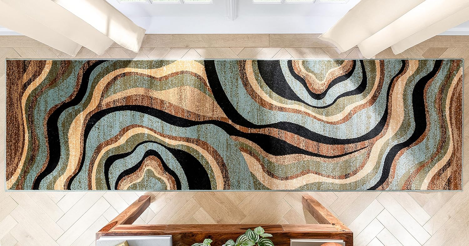 Hudson Waves Blue Brown Geometric Modern Casual Area Rug 8x10 8x11 ( 7'10" x 9'10" ) Easy to Clean Stain Fade Resistant Shed Free Abstract Contemporary Natural Lines Multi Soft Living Dining Room Rug