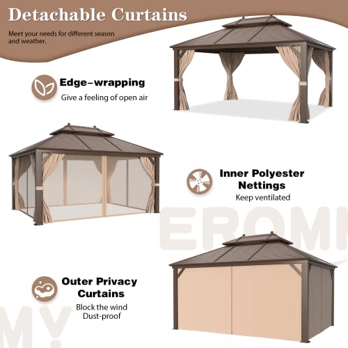 EROMMY 14'x20' Hardtop Gazebo Double Roof Galvanized Steel Canopy Outdoor Aluminum Frame Permanent Metal Pavilion with Netting and Curtains for Patio Backyard Deck and Lawns