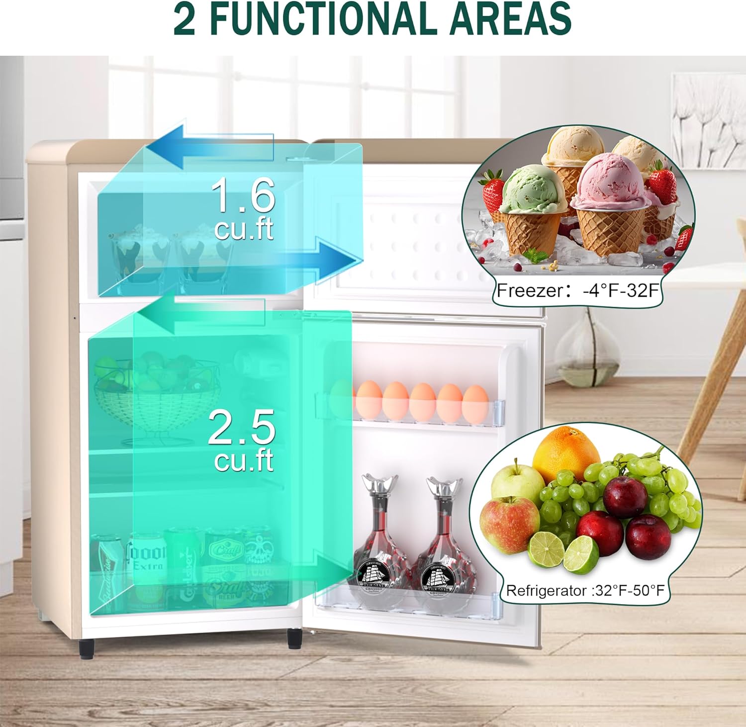 Mini Fridge with Freezer Retro Refrigerator 4.1 Cu. Ft. Small Fridge with Freezer for Bedroom with Adjustable Temperature,Glass Shelves,2-Door Retro Mini Fridge for Dorm,Office,RV,Apartment(Gold)