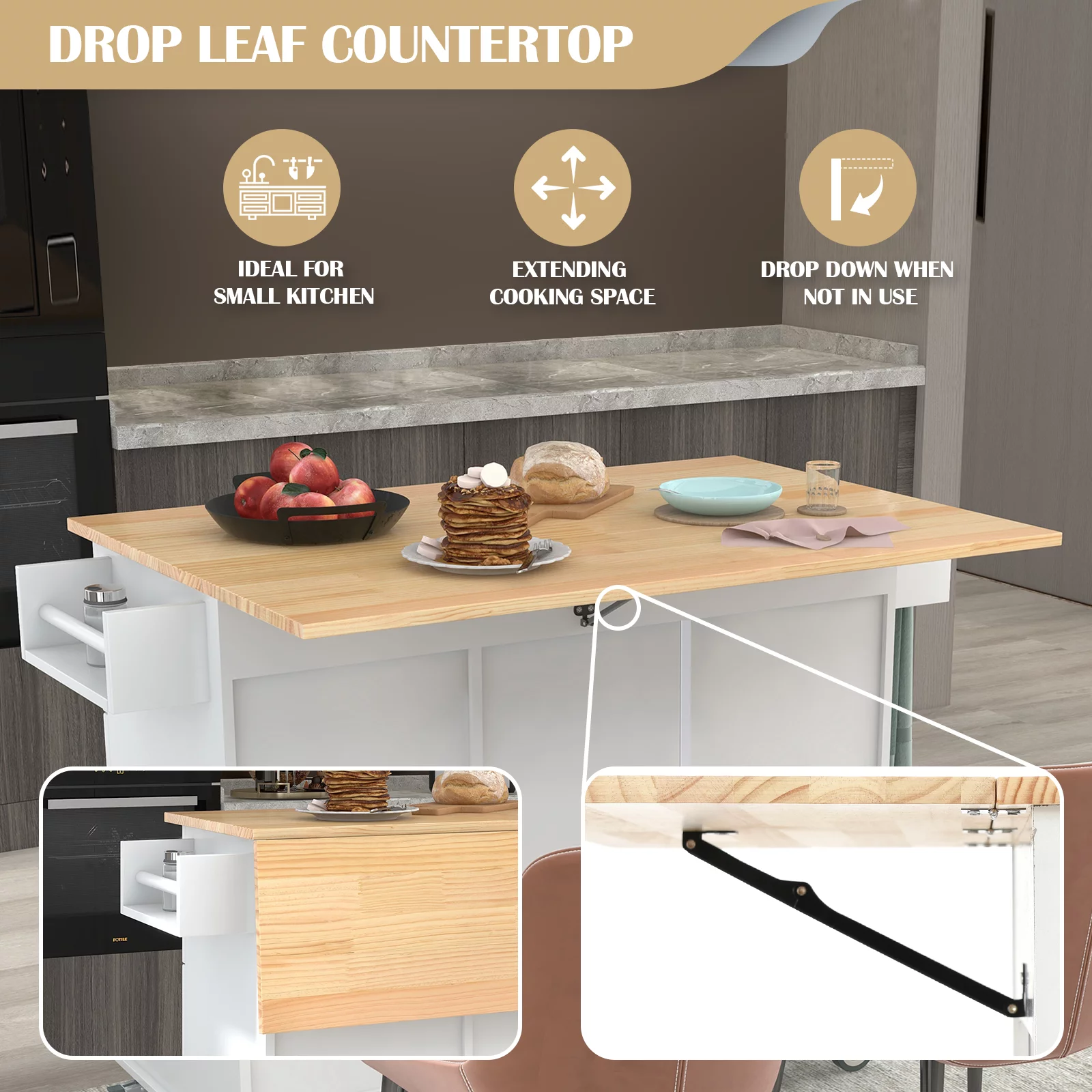 53 inch Portable Kitchen Island with Drop Leaf, Rolling Kitchen Island with Storage,White