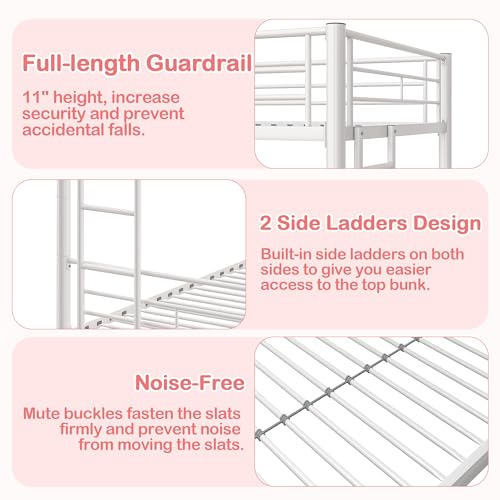 VECELO Metal Loft Bed Twin Size, Heavy Duty Bedframe with Removable Ladder and Safety Guardrail, Space-Saving, Noise Free, No Box Spring Needed, Off White