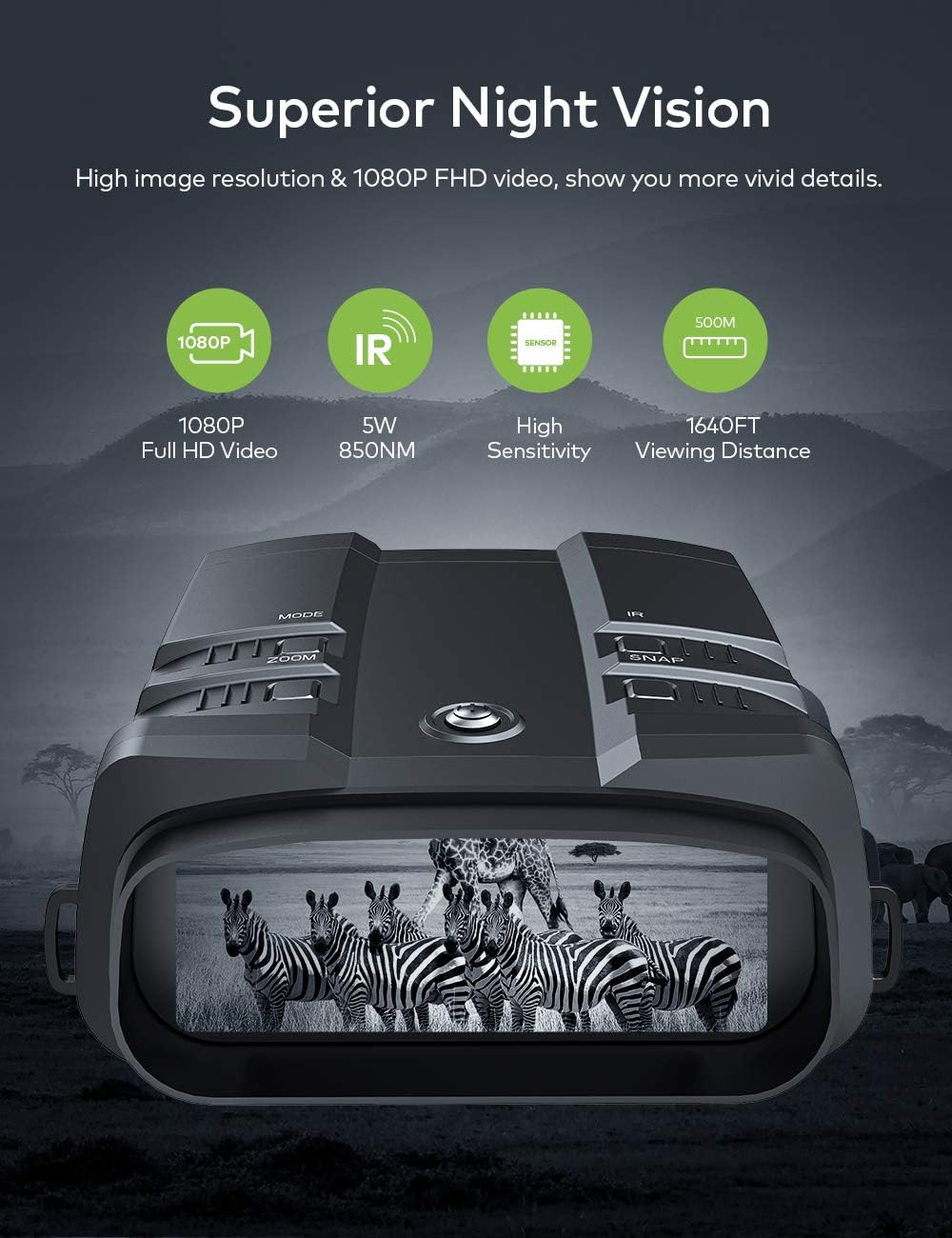 VABSCE 2021 Night Vision Binoculars, 1080p Full HD, 1640ft Viewing Range, Superior 5W Infrared, High Sensitivity COMS Sensor Night Goggles for Hunting, Camping and Surveillance with 64GB Micro SD Card
