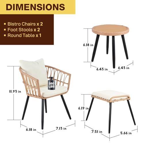 3 Pieces Patio Bistro Set, Outdoor Wicker Table and Chairs Set of 2, Rattan Balcony Furniture Set with Cushions for Front Porch Apartment Backyard Deck,Beige
