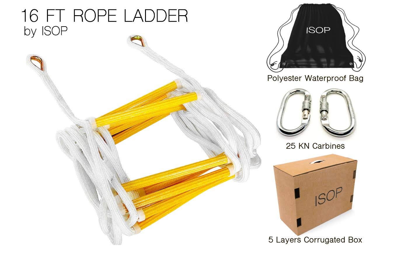 Isop Emergency Fire Escape Ladder 16 ft (2 Story) Flame Resistant Safety Rope Ladder with Hooks – Fast to Deploy u0026 Easy to U