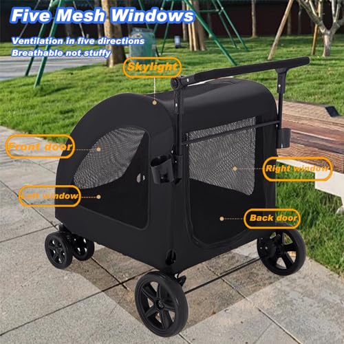 Large Dog Stroller, Removable Cushion Adjustable Handle Foldable 4 Wheel Pet Stroller, Front and Back Access to Dog Wagon for 180 lbs Large Dog or 2 Medium Dogs (Black)
