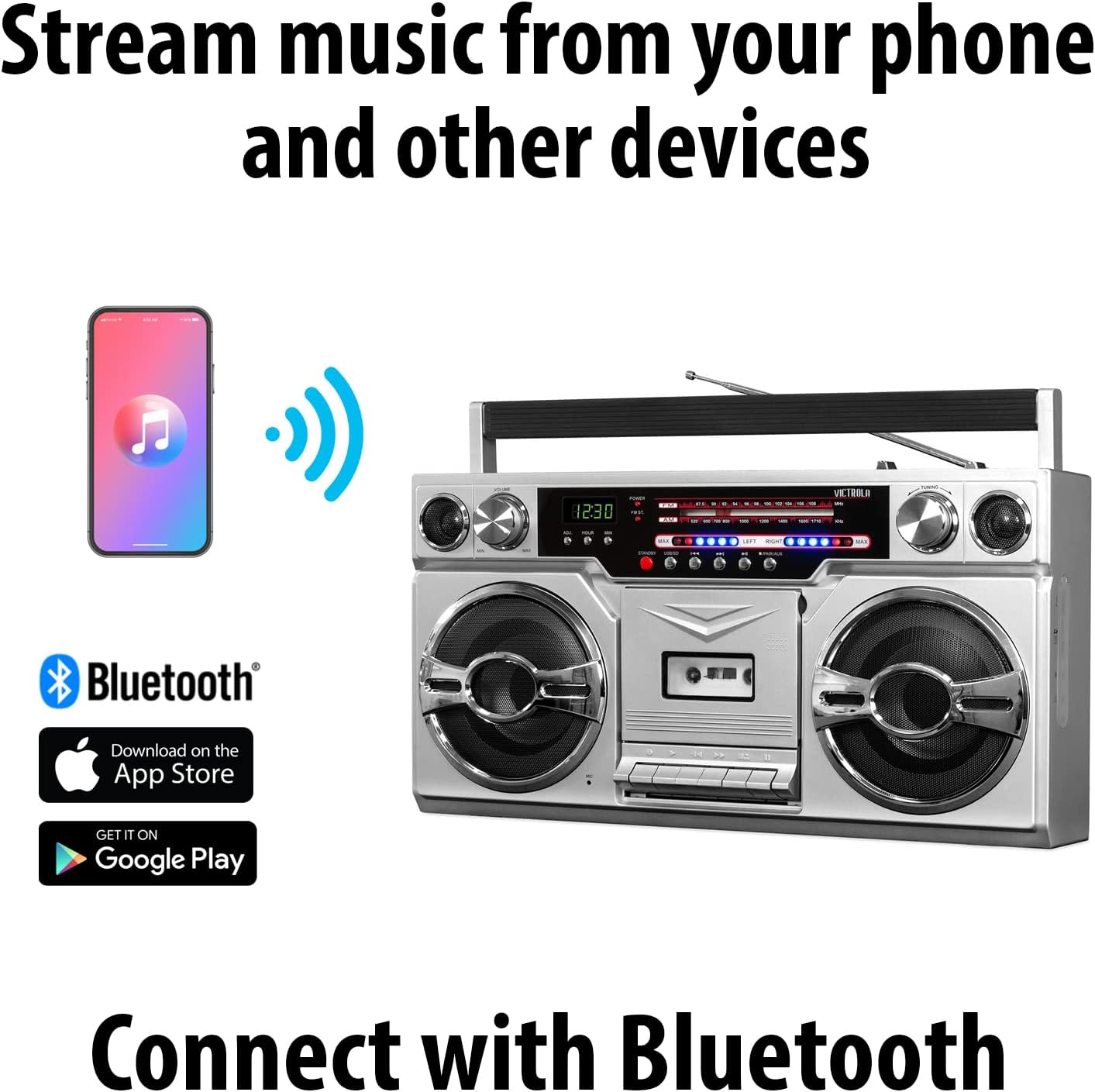 Victrola 1980s Retro Bluetooth Boombox with Cassette Player and AM/FM Radio, Wired and Wireless Streaming, Classic 80s Style with Modern Technology, Silver