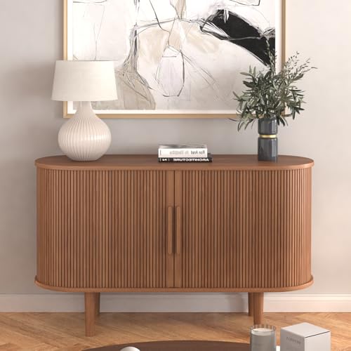 47" Sideboard Tambour Storage Cabinet, Black Corner Cabinet with Doors and Shelves, Fluted Sideboard Cabinet for Kitchen, Entryway and Living Room