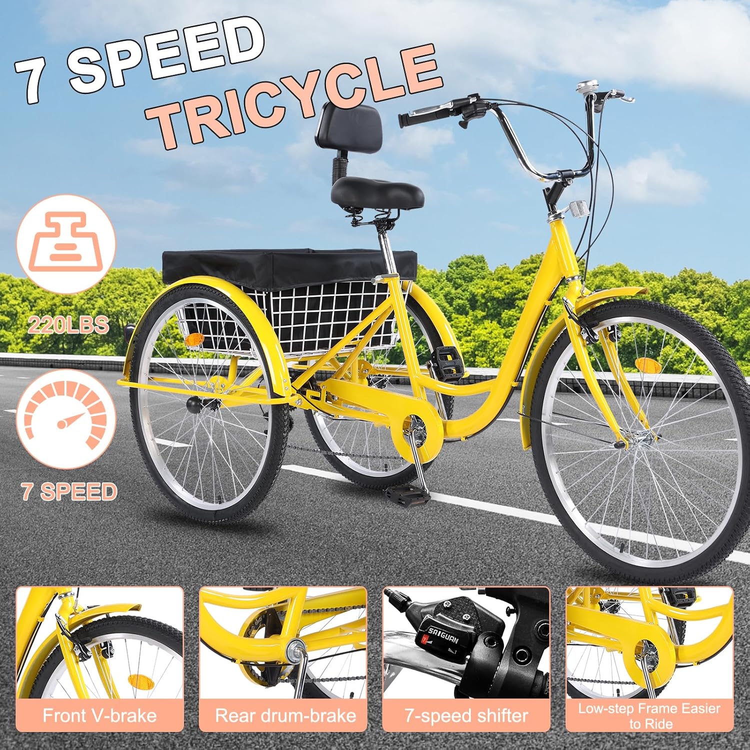 Adult Tricycle 26 inch 7 Speed, Three Wheel Bicycle for Adult, Trike Cruiser W/Tools & Big Basket for Exercise Shopping Picnic Outdoor Activities Yellow