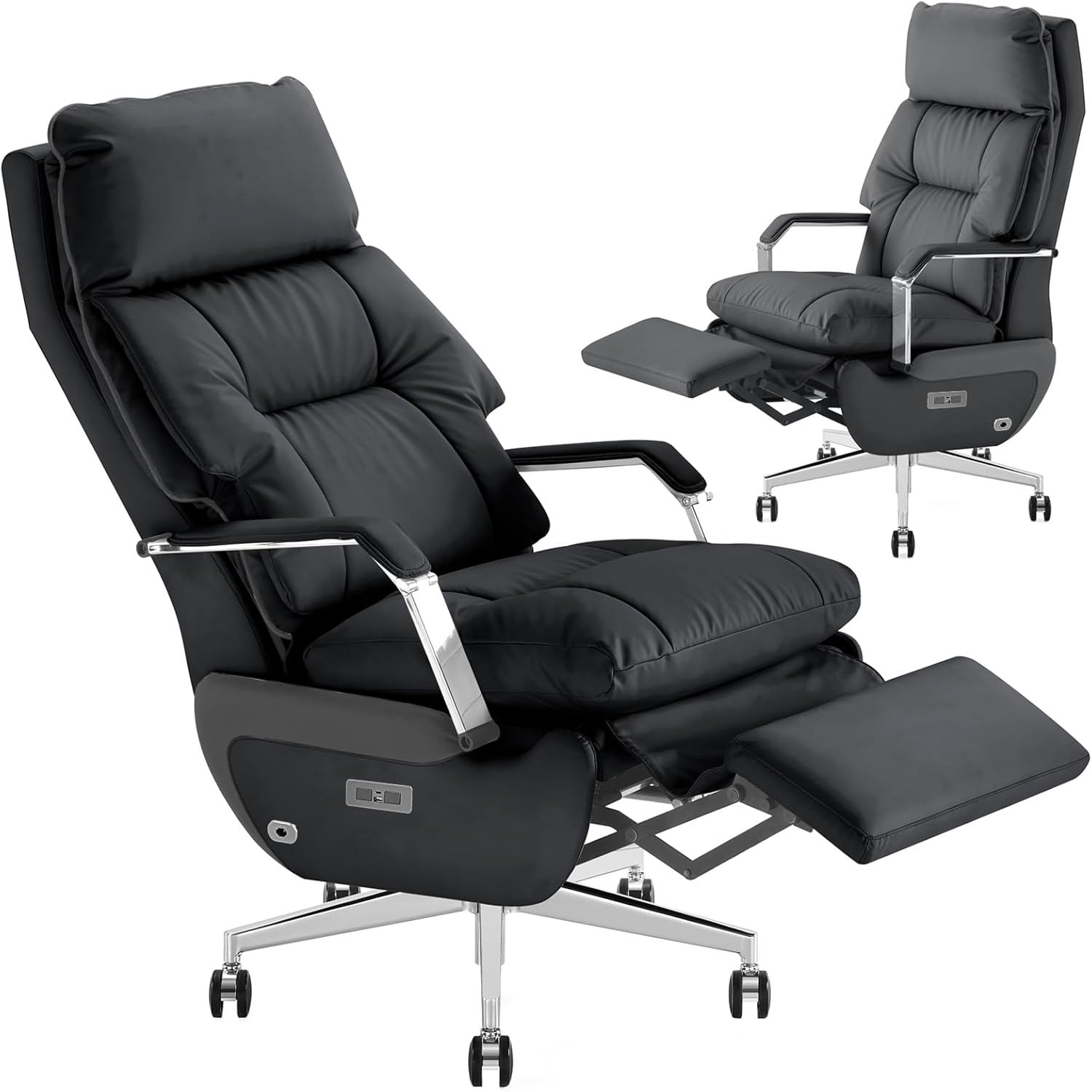 Dual-Motor Executive Office Chair with Footrest Independent Electric Reclining Big and Tall Office Swivel Desk Chair, Ergonomic Chair High Back Large Comfor Home Office Leather Computer Chair (Black)