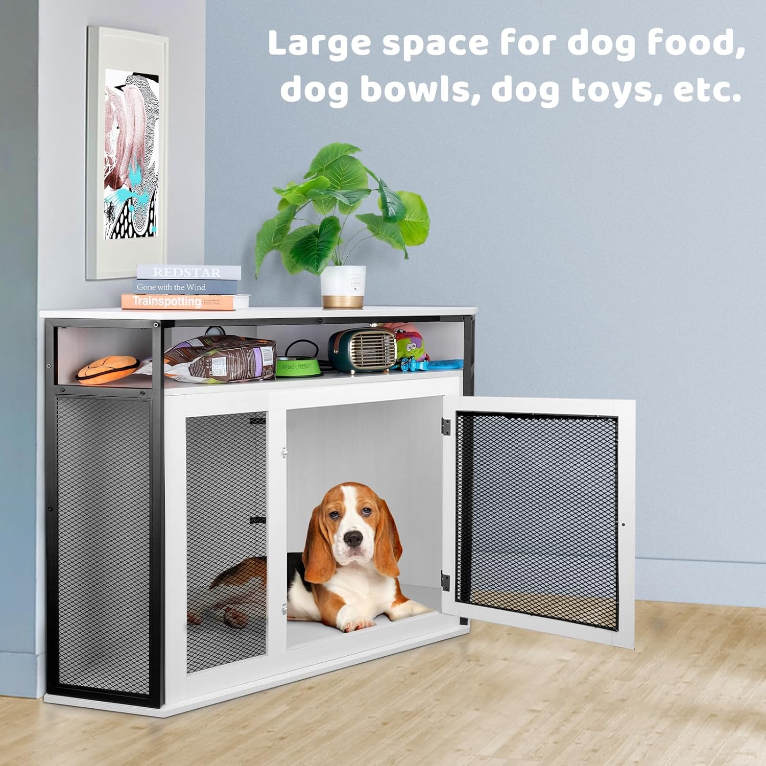 Dreamania Corner Dog Crate Furniture with Storage, 51.3" Upgraded Modern Dog Cage, End Table, Indoor Pet Crate Small Medium Large Dogs, White, Perfect for Limited Room