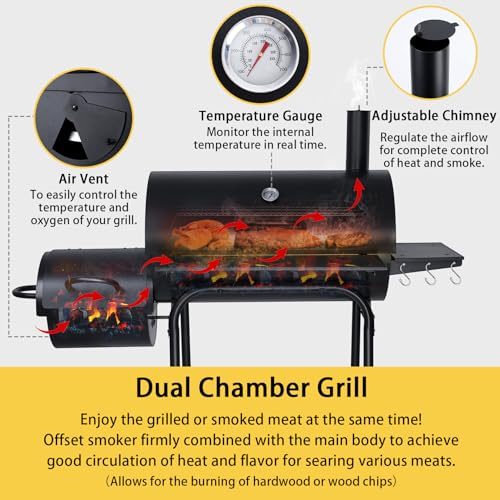 Charcoal Grill Offset Smoker（Grill + BBQ Tools）, Joyfair Large Barrel Grill with 770Sq.In. Cooking Space for 8-10 People Cooking, Heavy Gauge Steel & & Basic Accessories, Adjustable charcoal tray