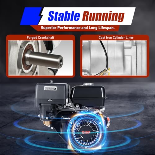 Gas Engine, 420CC Horizontal Gas Engine, 4 Stroke Single Cylinder Go Kart Gas Engine 15 HP OHV Low Noise Gas Engine Motor Recoil Start Gas Power for Water Pumps Vibrators Pressure Washers (Black)
