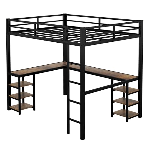 Full Size Loft Bed with Desk and Storage Shelves, Heavy Duty Metal Loft Bed with L-Shaped Desk and Ladder, Full Size Loft Bed for Kids, Teens(Black Desk Full Loft Bed)