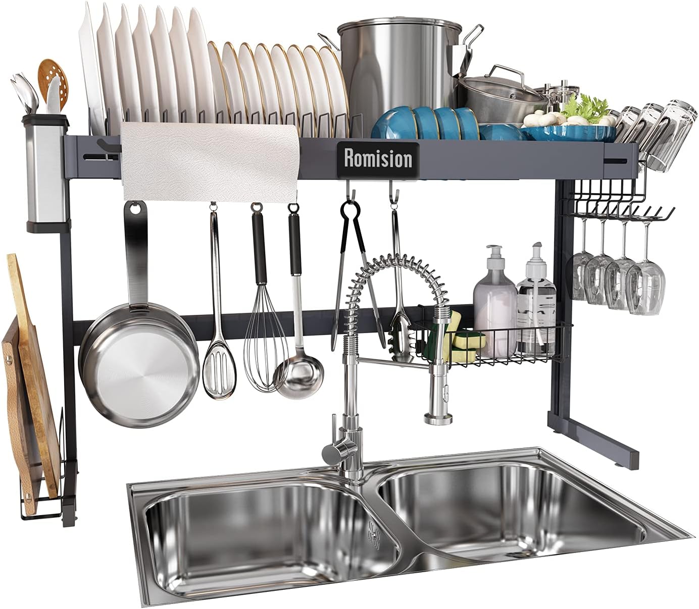 Dish Drying Rack Over The Sink Adjustable Height and Length 2 Tier Large Dish Rack Above Sink Expandable Stainless Steel Dish Drainer Shelf for Kitchen Counter Organizer Space Saver with 6 Hooks