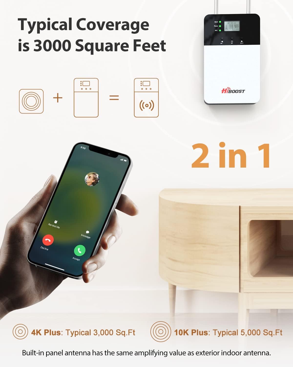HiBoost Cell Phone Signal Booster to 3,000 sq ft Cell Booster Boosts 4G LTE Cell Phone Booster for All Carriers 5G Compatible in Band 2/4/5/12/13/17/25/66 FCC Approved(4K Plus)