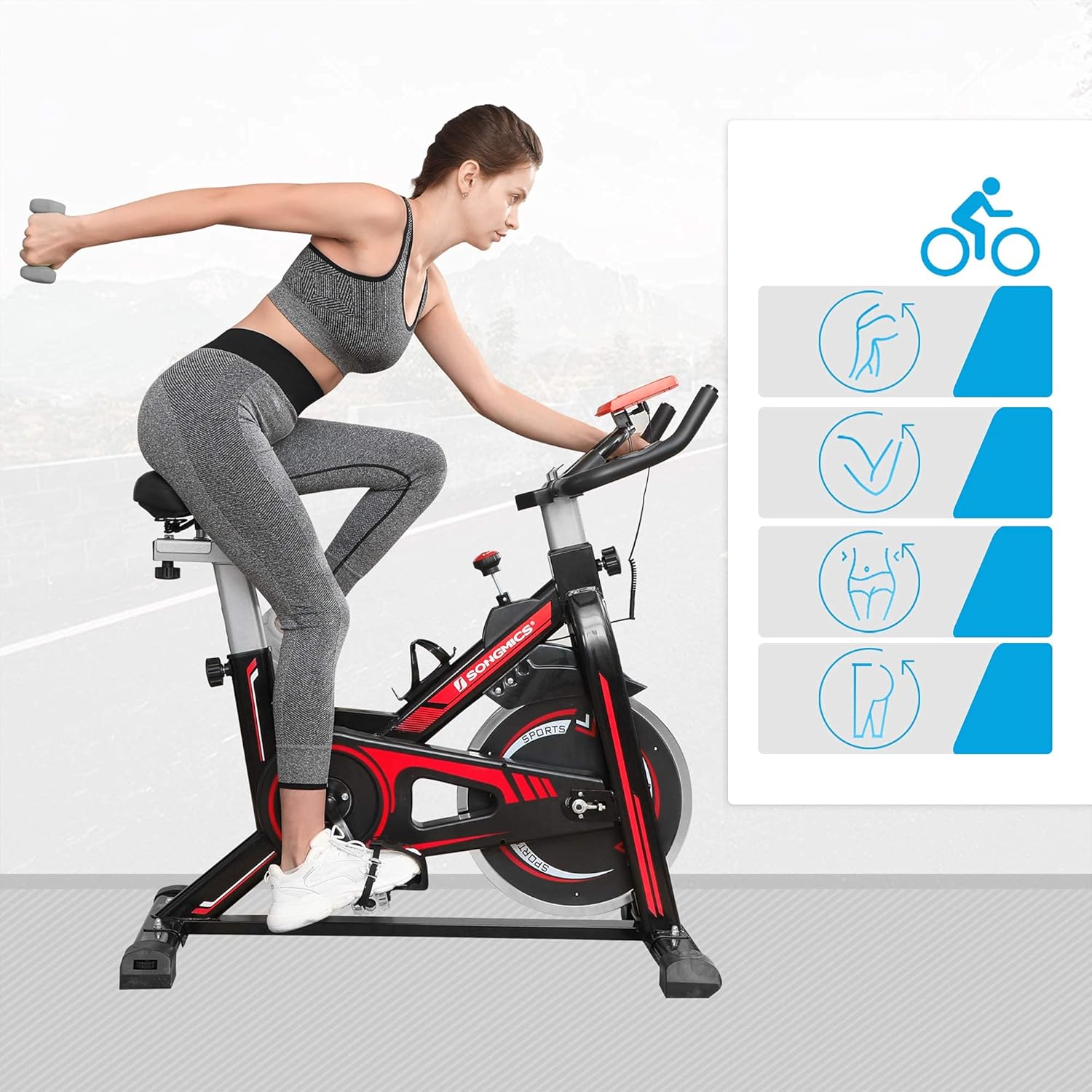 SONGMICS Stationary Bike, Indoor Cycling Bike, Exercise Bike, and Fitness Trainer, with Adjustable Handlebar, Seat, and Resistance, Pulse Sensor, Caged Pedals, Black and Red USEB617R01