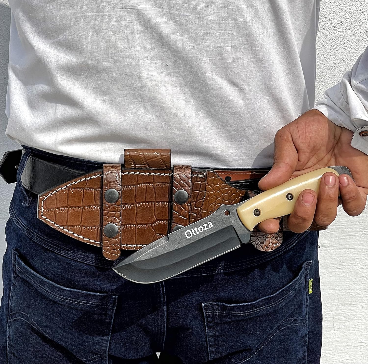 Ottoza Handmade 1095 Carbon Steel Bushcraft Knife & Bone Handle - Survival Knife - Camping Knife - Tactical Knife - Hunting Knife with Sheath Horizontal Carry Knife & Vertical Knife No:314