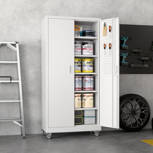 Aobabo Garage Storage Cabinet with Wheels,72" H Metal Storage Cabinet with 2 Doors and 4 Adjustable Shelves for Garage Home, Black,Required-Assembly