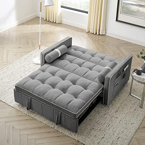 Fefances 3-in-1 Sleeper Sofa Couch Bed: Small Tufted Velvet Convertible Loveseat Futon with Pull-Out Bed, Adjustable Backrest, Cylinder Pillows - Ideal for Living Room or Apartment, Grey