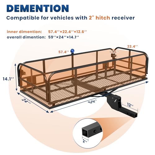 500 Lbs Folding Rack Hitch Mount Cargo Carrier, 2" Hitch Receiver, 60" x 24" x 14" Size,Bolt Lock Luggage Basket Heavy Duty Hitch Rear Trailer Cargo Rack Compatible for SUV Truck Pickup