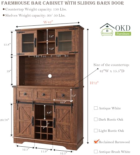 OKD 72" Farmhosue Bar Cabinet with Sliding Barn Door, Large Kitchen Buffet with Hutch w/Wine & Glasses Rack, 3 Drawers, 12 Storage Shelves, Rustic Coffee Bar Sideboard Table, Antique Brush White