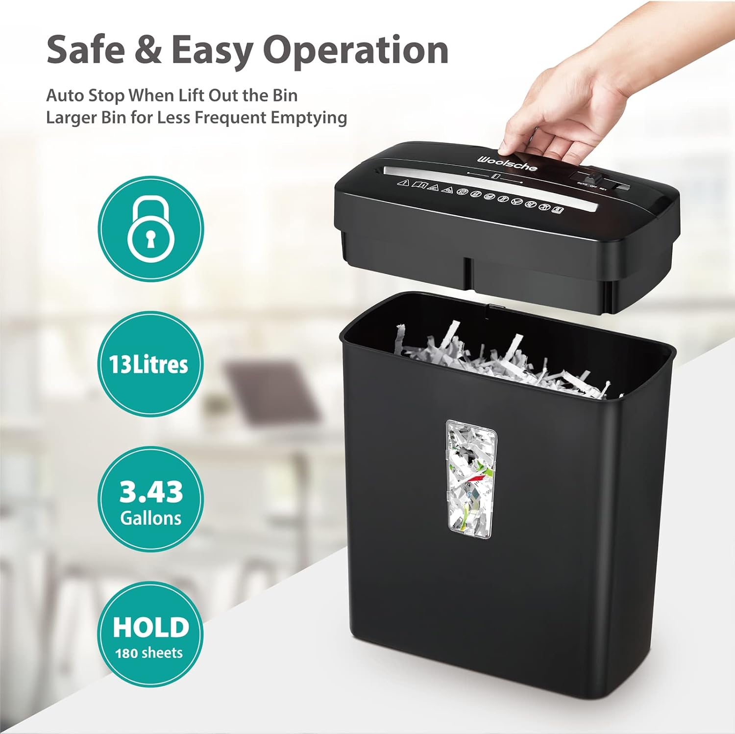 Woolsche Home Office Shredders C220P 6-Sheet Cross Cut Removable, Low Noise Desktop Paper Shredder with Security Lock, P-4 Security Level Shreds Paper/Credit Card