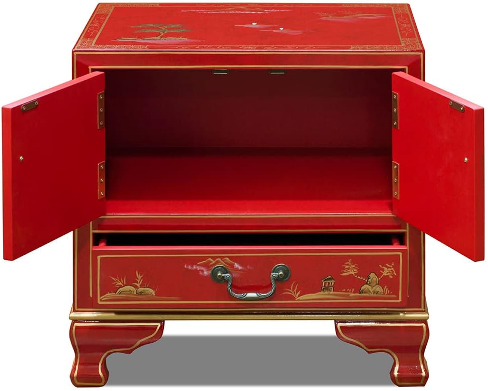 ChinaFurnitureOnline Hand Painted Red Chinoiseries Scenery Motif Oriental Accent Cabinet