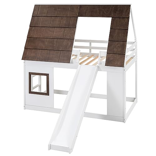 Twin-Over-Twin House Bunk Bed with Storage, Wooden Bunk Beds Frame with Staircase Compatible with, Teens, No Box Spring Needed(Gray+White) ，Queen Bed, YY-991