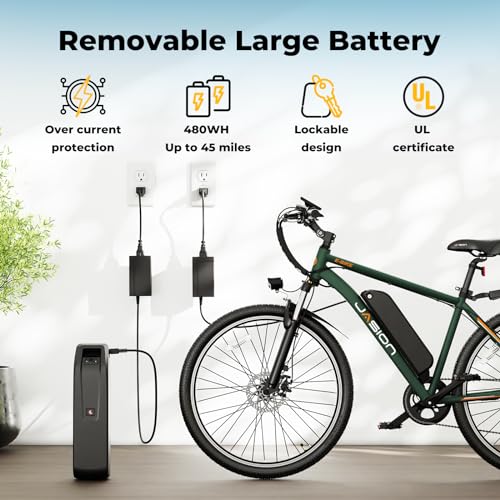 Jasion EB5 Plus Electric Bike, 480 WH Removeable Battery, 750W Peak Motor Electric Mountain Bike, 20MPH Ebike for Adults with Front Fork Suspension