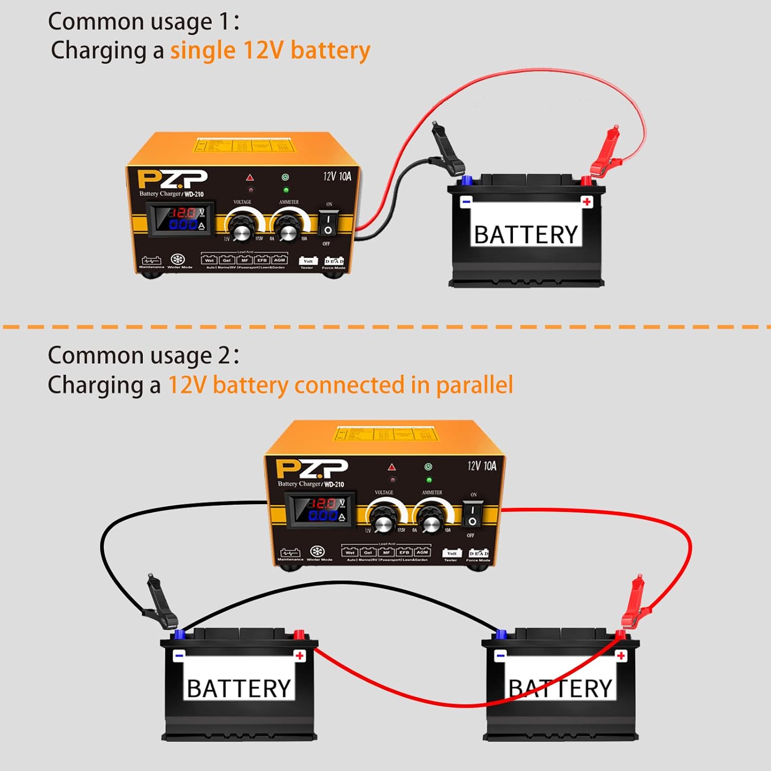 12 Volt Manual Battery Charger Automotive 12v/10a Smart Battery Charger for Marine Boat Battery Trickle Charger 10A with Adjustable Current and Voltage Professional Battery Maintainer by PZ.P