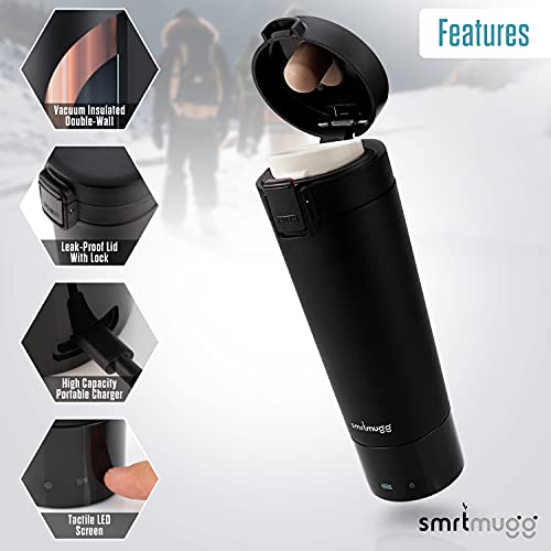 Heated Coffee Mug, All Day Battery Life, Battery Powered Travel Mug, Smart Mug, Great for Coffee and Tea, Fast Heating Technology, Portable Charger (Black 10 oz.)
