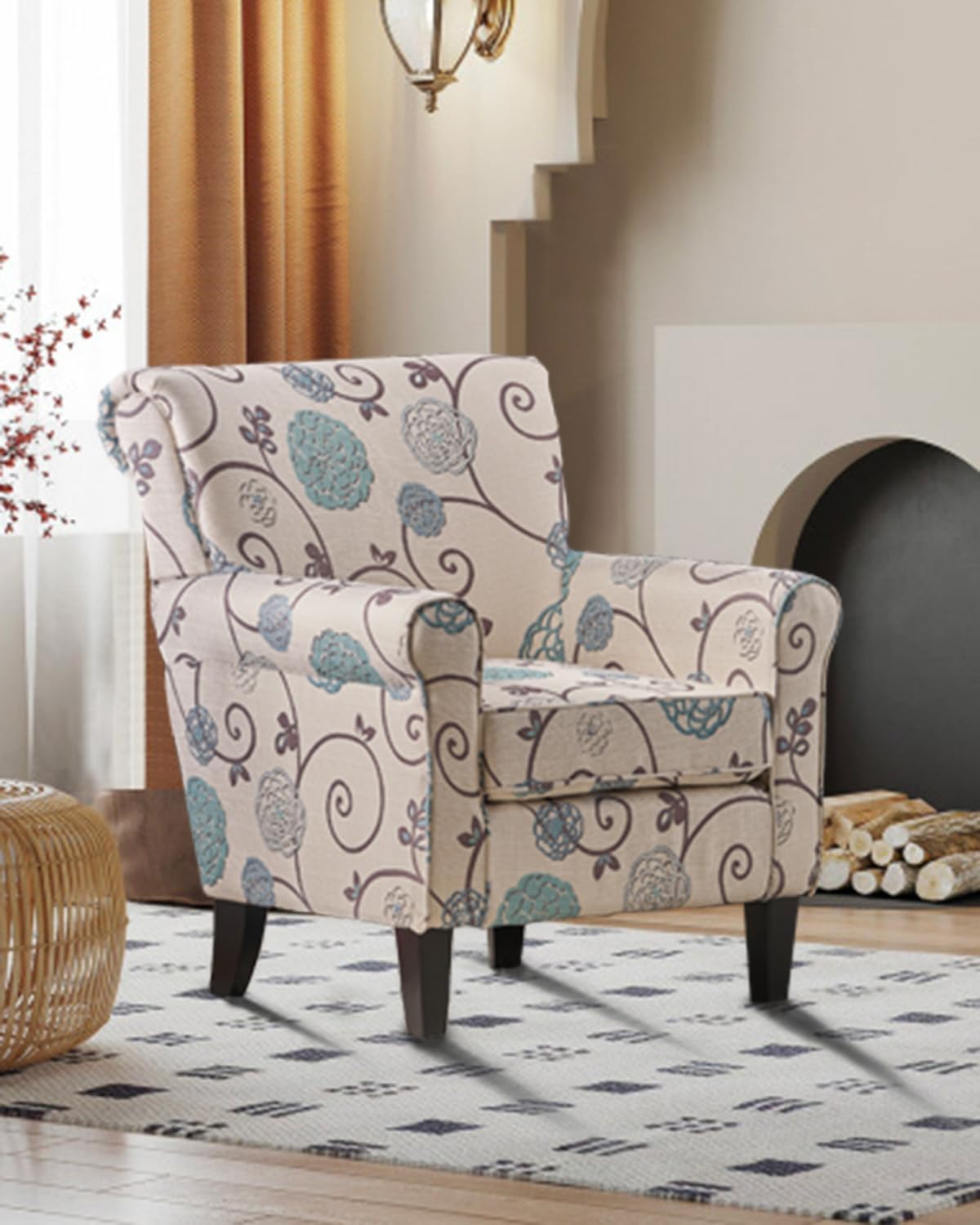 Millies Patterned Fabric Sofa, Modern Chic Couch,Living Room Armchair with Wooden Metal Legs for Bedroom Living Reading Room,White/Blue Crushed Floral Sofa