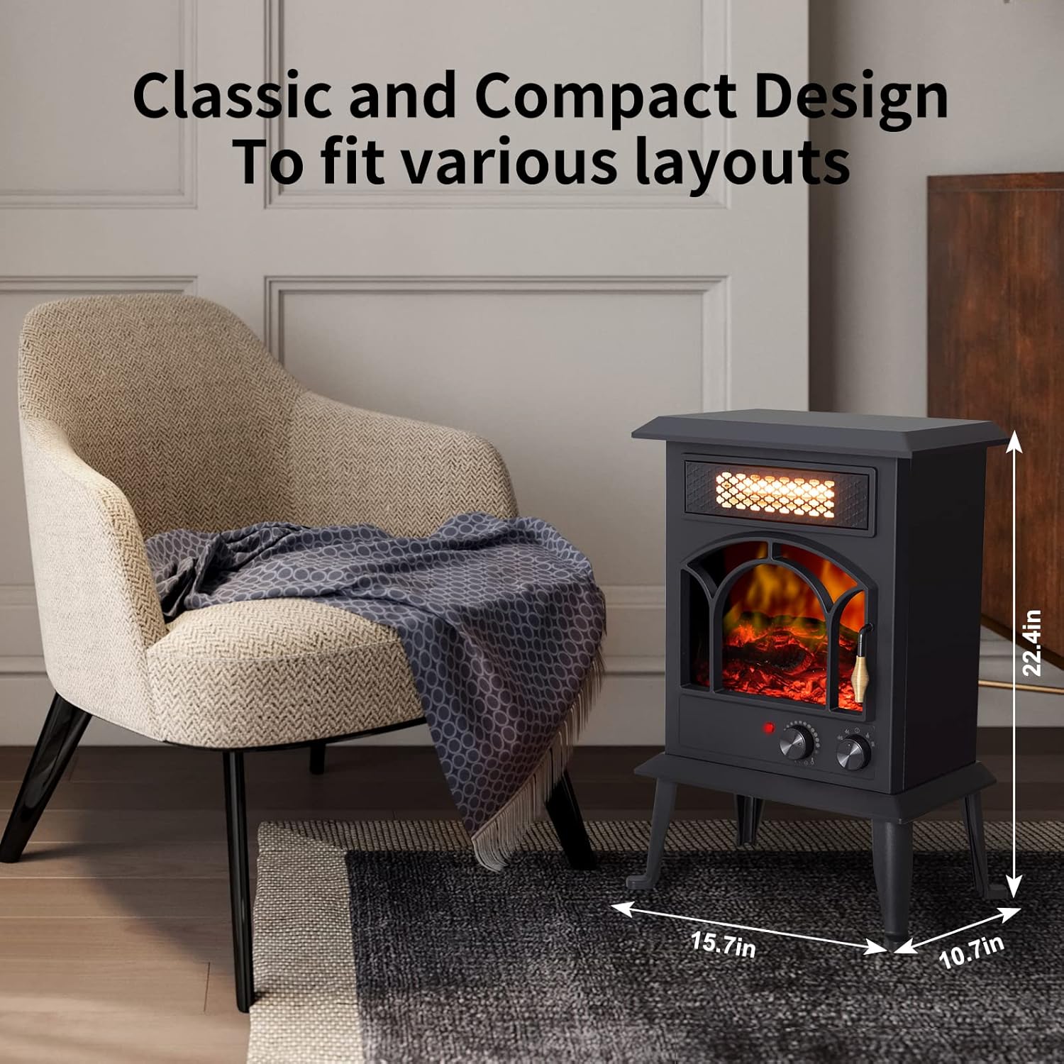 Standing Electric Fireplace Heater – 1500W Portable Infrared Stove with Realistic Flame Effects, 2 Heat Settings, Cool-Touch Exterior, Overheat Safety Shutoff