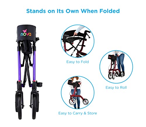 NOVA Medical Products Express Rollator Walker, Large 10” & 8” Wheels, Compact Foldable & Free Standing, Easy to Fold, Lift & Carry, Comes with Cane Holder, Red