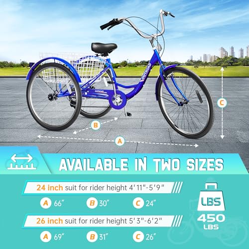 Outroad Adult Tricycle, 24/26 inch 7 Speed Cruiser Trike, 3 Wheel Bikes with Large Basket for Seniors, Women, Men, Adult Trikes for Shopping Picnic Outdoor Sports,26 inch Blue