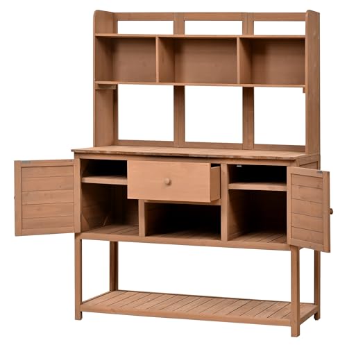 Outdoor Wooden Potting Bench Table – Farmhouse Garden Workstation with Drawers, Cabinet & Storage Shelves, Large Fir Wood Work Table for Patio, Backyard, Mudroom, Greenhouse (Light Brown, 66''H)