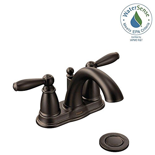 Moen Brantford Oil Rubbed Bronze Two-Handle Low Arc Centerset Bathroom Faucet with Drain Assembly, Bathroom Faucets for Sink 3-hole, 4-inch Wide Standard Setup, 6610ORB
