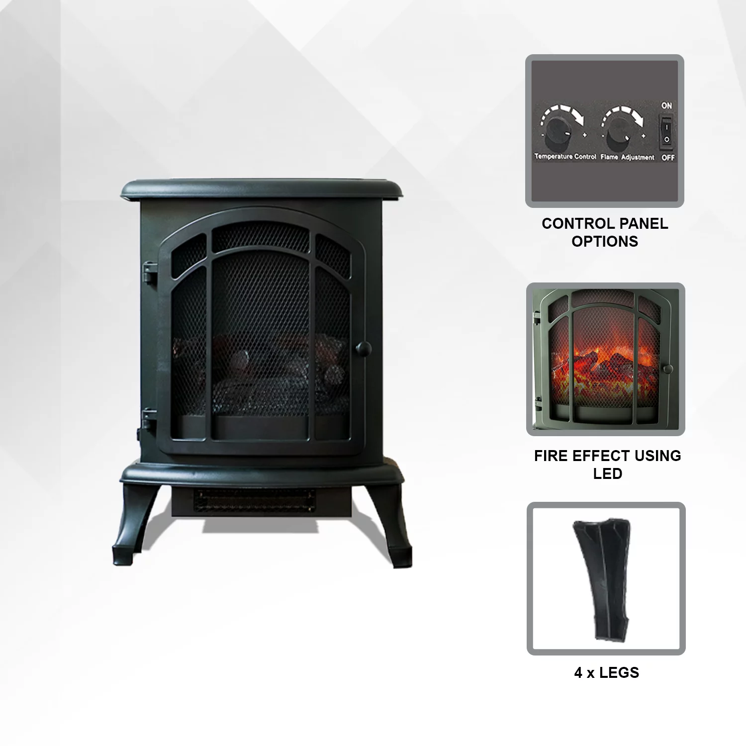 XBrand Free Standing Portable High/Low Heat Wired Fire Stove with Manual Control and LED Flame Effect, 24 Inch Tall, Black
