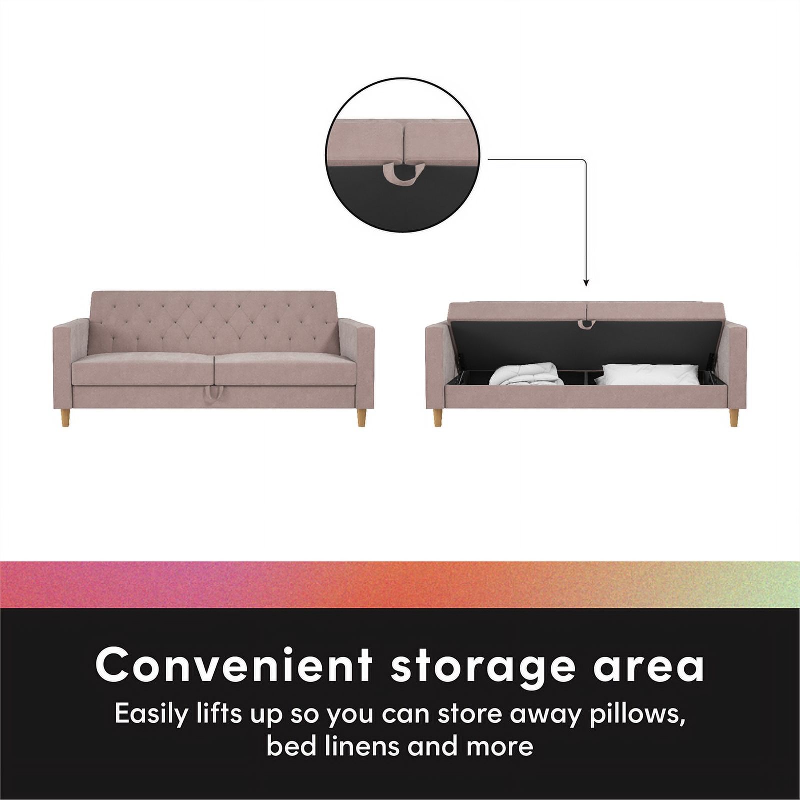 Pemberly Row Contemporary Futon with Storage in Blush Velvet