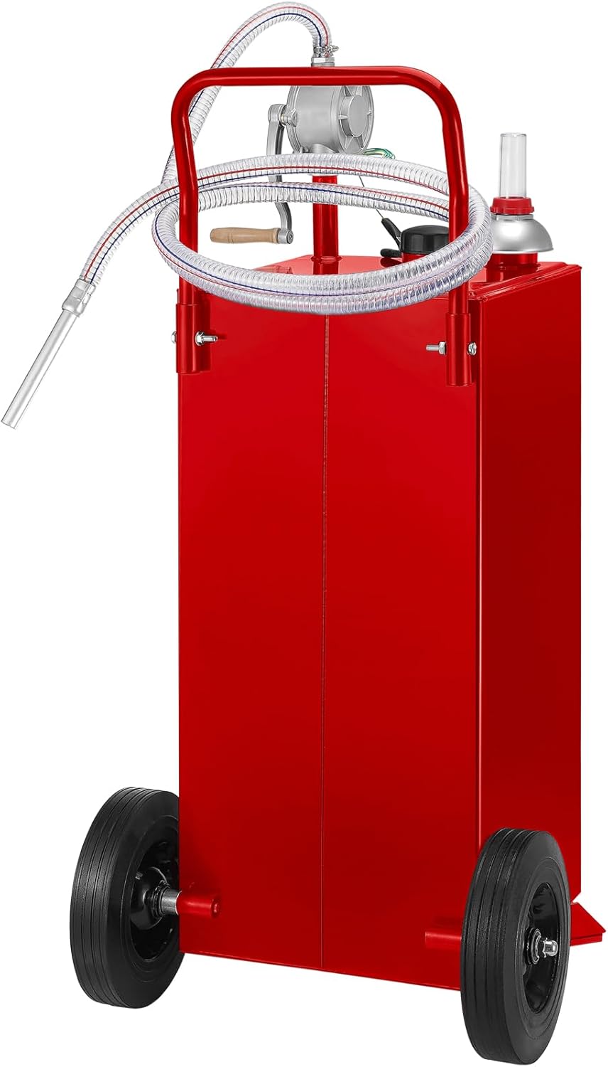 VEVOR 30 Gallon Portable Gas Caddy, Fuel Caddy Fuel Storage Tank with 2 Wheels & Manual Transfer Pump, Gasoline Diesel Fuel Container for Cars, Lawn Mowers, ATVs & Boats, Red