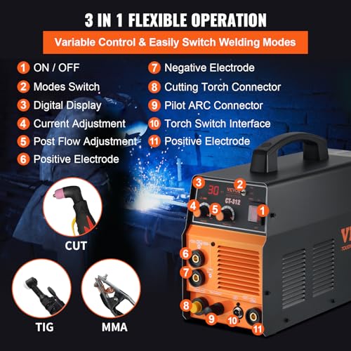 VEVOR 3 in 1 Plasma Cutter Welder Machine, CT-312 TIG/MMA Plasma Cutter Combo Machine, 30A Plasma Cutter, 120Amp TIG Welder and 120A Stick Welder, Digital 110/220V Dual Voltage IGBT Inverter