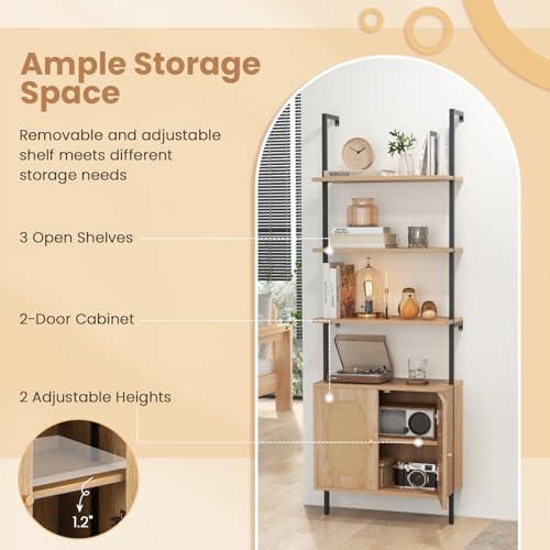 6-Tier Ladder Bookshelf with Cabinet, 71" Tall Wall Mount Shelf Bookcase w/Sturdy Metal Frame & Rattan Cabinet Bottom, Wall Storage Display Rack for Living Room, Bedroom & Home (1)