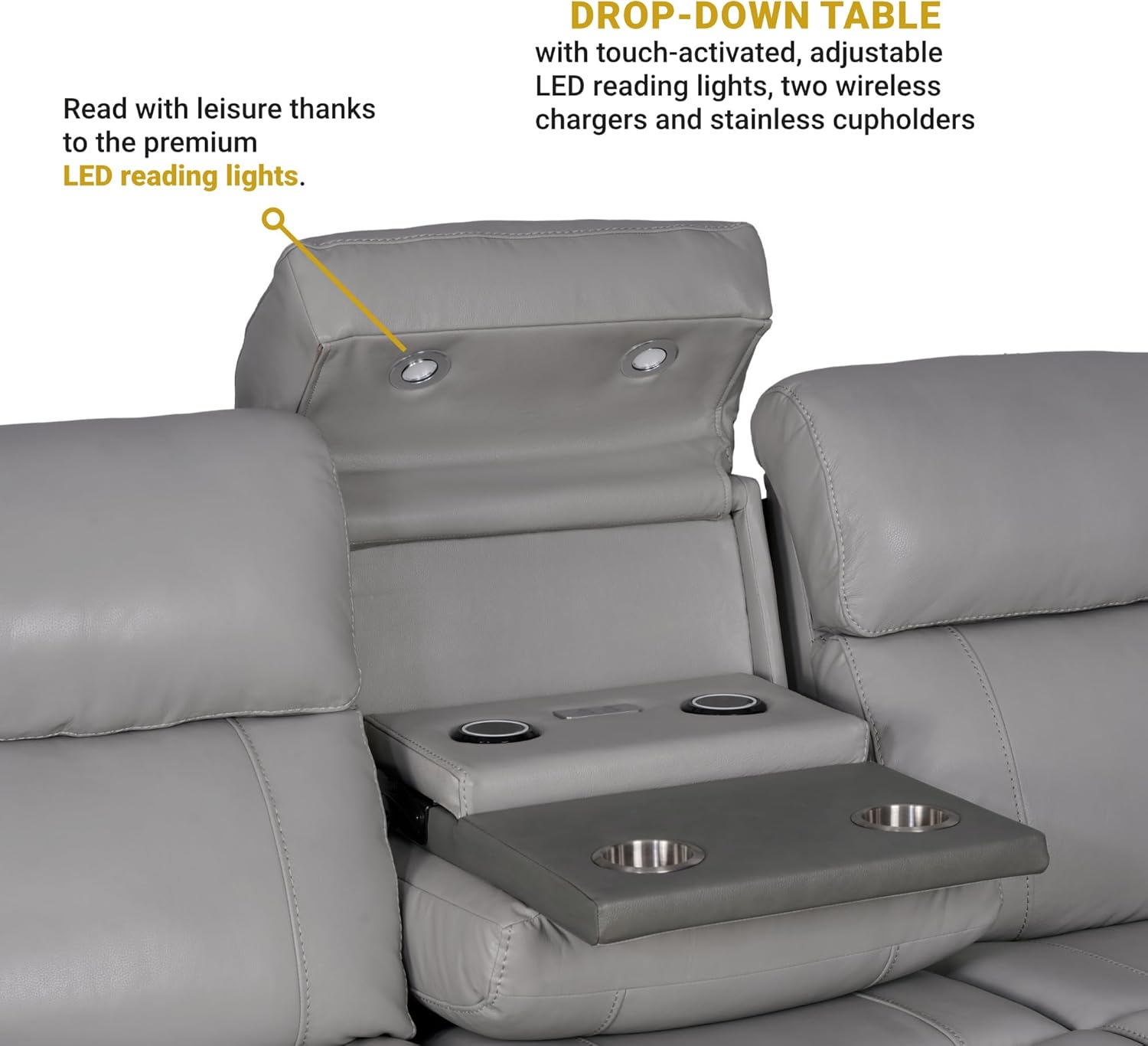 Armen Living Rosalyn Modern Zero Gravity Power Reclining Sofa with Dropdown Console, 87" Wide, Silver and Gray Top Grain Leather