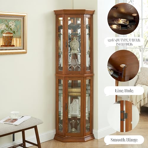 Display Cabinet Lighted,Corner Curio Display Cabinet with Adjustable Shelves & Mirrored Back,Storage Cabinet Wood Frame Collectibles Toy Display for Living Room, Kitchen,Pantry light bulb not included