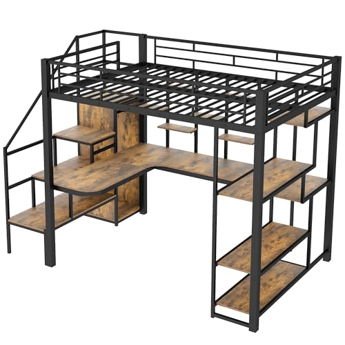 Modern Full Size Metal Loft Bed with Storage Staircase and Small Wardrobe, Multi-functional Metal Loft Bed Frame with Built-in Desk and Storage Shelves (White/L7)
