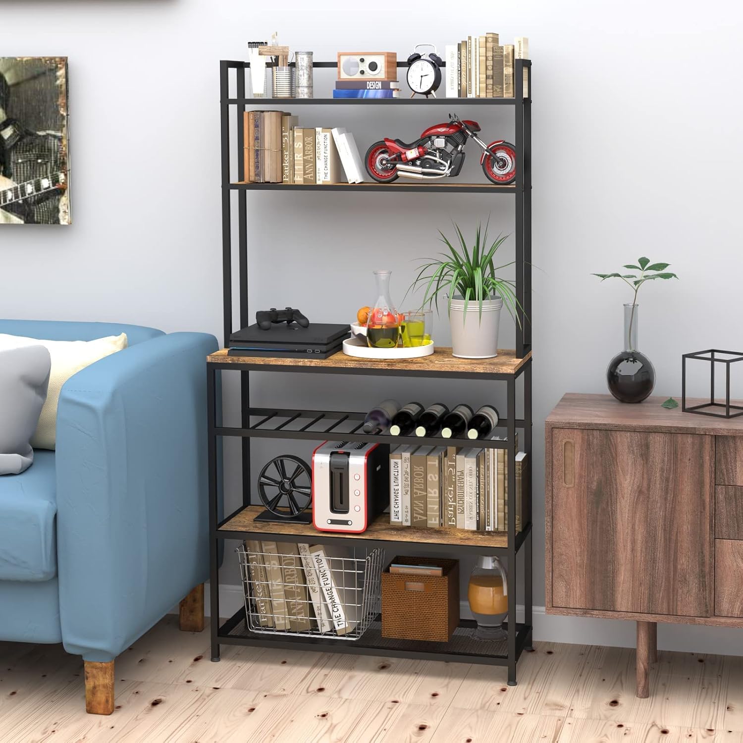 Industrial Kitchen Baker's Rack Coffee Station Microwave Oven Stand Kitchen Pantry Shelf Free Standing Opening Utility Storage Cabinet Sideboard for Kitchen Dining Room Living Room