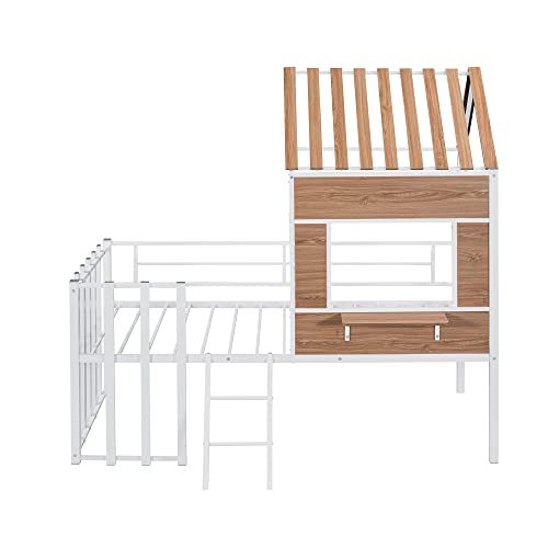 Harper & Bright Designs Kids House Beds Low Loft Bed Frame with Roof, Window, Guardrail and Ladder, Metal Twin Size Loft Bed for Kids Teens Girls Boys (Twin, White)