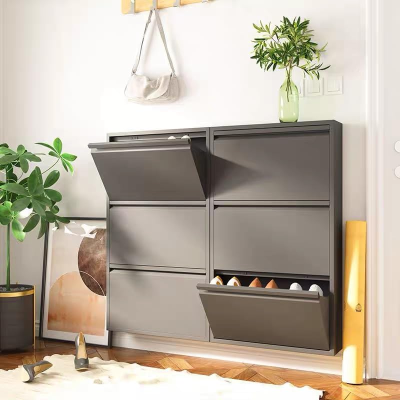 Shoe Cabinet Storage for Entryway,No-Assembly Large Shoe Rack Cabinet with 3 flip Drawers,Hidden Narrow Metal Freestanding Shoe Organizer for Living Room, Bedroom and Garage,Wall Mounted,black, Grey