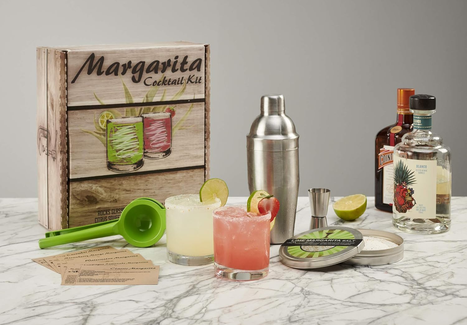 Margarita Cocktail Kit - Set of Rocks Glasses | Stainless Cocktail Shaker & Jigger | Citrus Squeezer | Rokz Lime Infused Margarita Salt | Recipe Cards. Accessories to Craft Perfect Margaritas at Home!